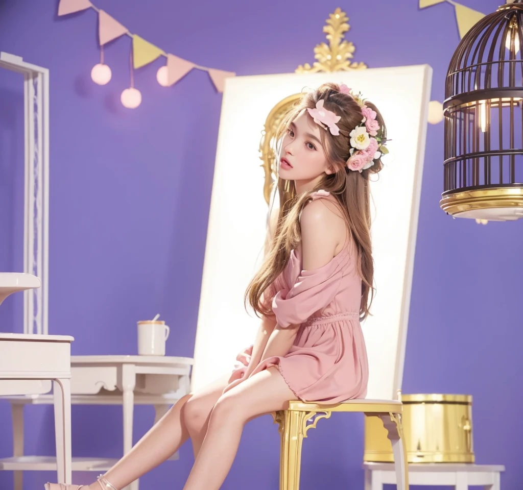 a girl singing,8k,detailed face,long brown hair,pink dress,masterpiece,photorealistic,beautiful detailed eyes,beautiful detailed lips,extremely detailed eyes and face,long eyelashes,intricate detailed clothing,natural lighting,soft cinematic lighting,highly detailed environment,lush garden background,vibrant colors,warm color palette