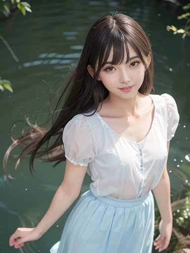 a lot of details, (underweight), 30 years old, detailed black hair, beautiful detailed hair, super fucking beautiful, delicate beautiful face, complex details beautiful and delicate eyes, perfect hands, (flat chest best quality:1.5), perfect and delicate limbs, detailed skin, best quality, ultra-detailed,(cheerful grin:1.3),
full body, from above, standing, black long straight, long bangs, short sleeves, translucent fluttering skirt, pale blue Clothes, reflective water surface,