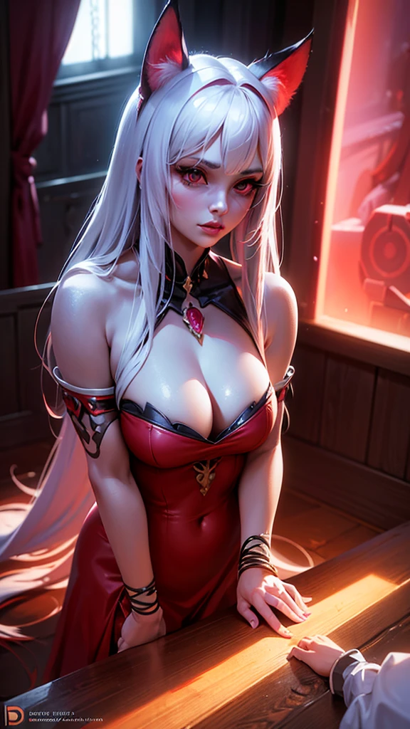 A beautiful girl with cat ears, long white hair, and a furry cat tail, bat wings, and red eyes, wearing white and red clothes, slender figure with large breasts, (best quality,4k,8k,highres,masterpiece:1.2),ultra-detailed,(realistic,photorealistic,photo-realistic:1.37),detailed eyes,detailed lips,extremely detailed face,long eyelashes,fantasy,magical,digital painting,concept art,vibrant colors,dramatic lighting,highly detailed