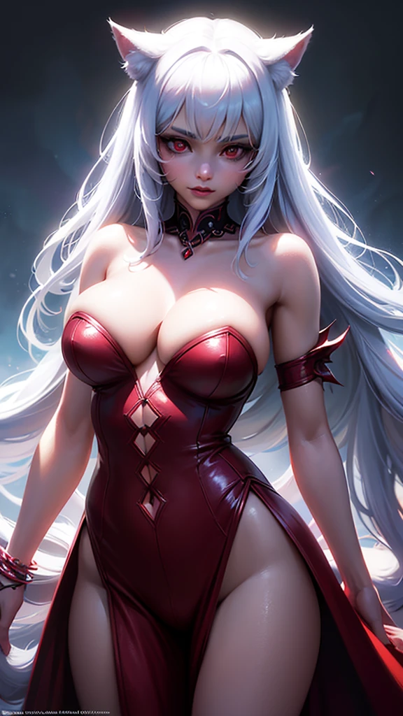 A beautiful girl with cat ears, long white hair, and a furry cat tail, bat wings, and red eyes, wearing white and red clothes, slender figure with large breasts, (best quality,4k,8k,highres,masterpiece:1.2),ultra-detailed,(realistic,photorealistic,photo-realistic:1.37),detailed eyes,detailed lips,extremely detailed face,long eyelashes,fantasy,magical,digital painting,concept art,vibrant colors,dramatic lighting,highly detailed