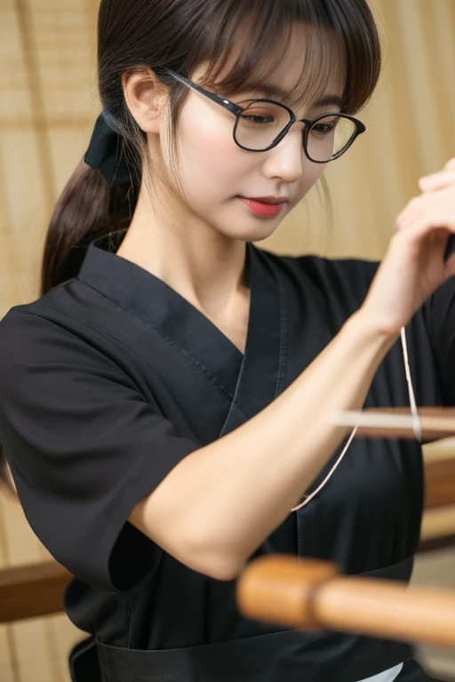 Highest quality、masterpiece、High sensitivity、High resolution、Detailed Description、One Woman、Slim Body、Glasses、Kyudo、Stringing a Bow、Hakama、