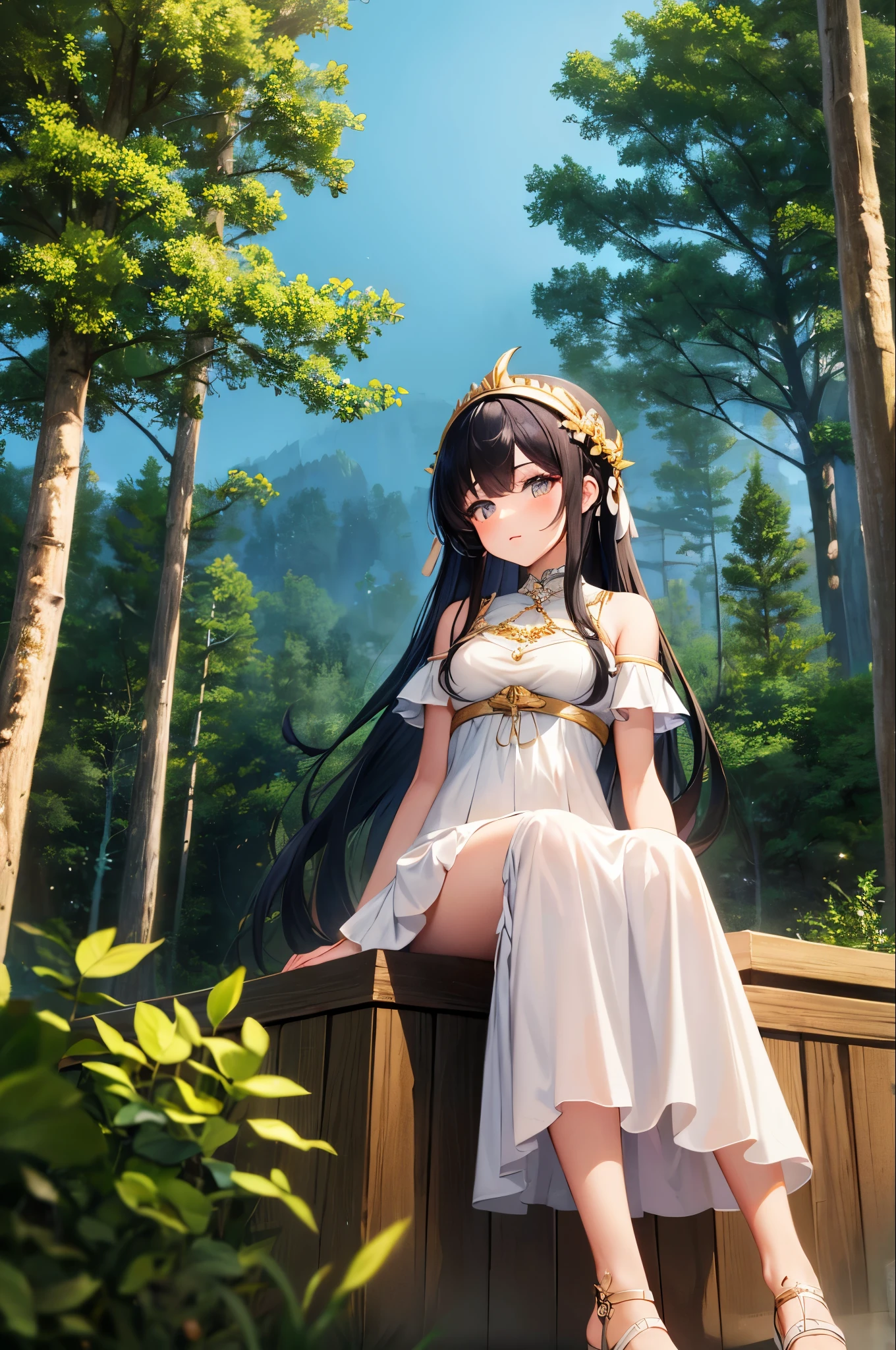 (masterpiece, Highest quality), One girl(Athena_Assamese), Cute Dresses, Long black hair, Sitting, Beautiful outdoor background, night, forest