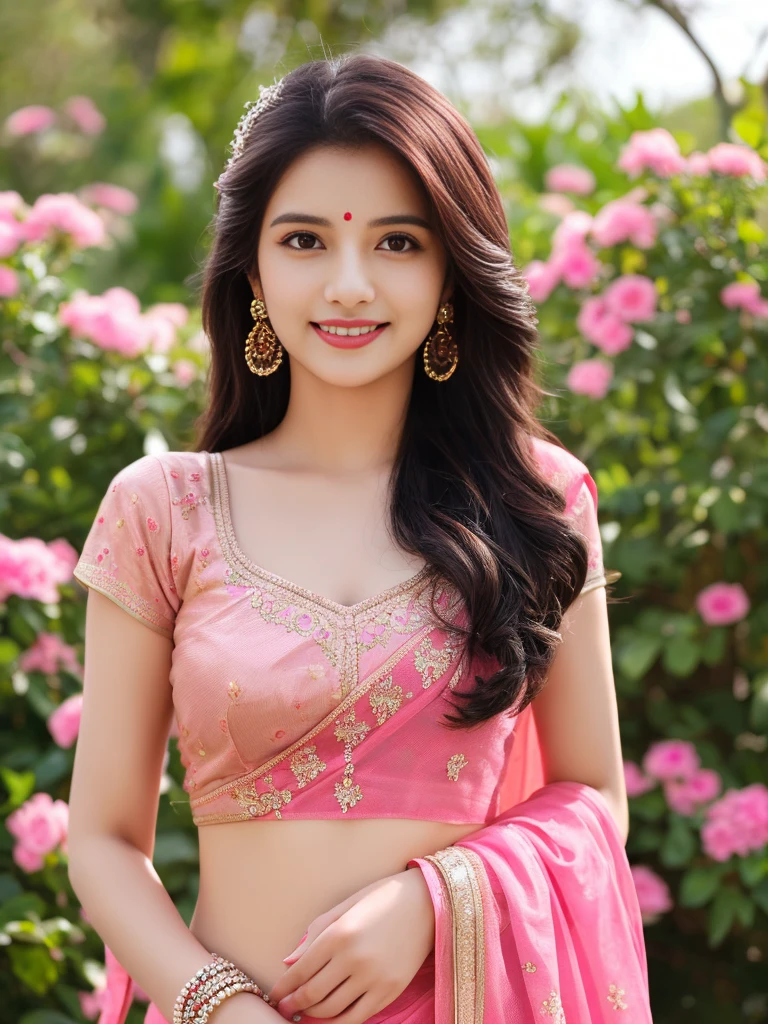 8K, ultra high detailed, an indian girl, cute smile realistic face, happy, long hair, impressive hairstyle, detailed eyes, detailed lips, indian clothes, saree, pink saree, lace, wearing jewellery, nature background, flowers, afternoon, shadow, clear weather, whole body capture,noch slim image long
