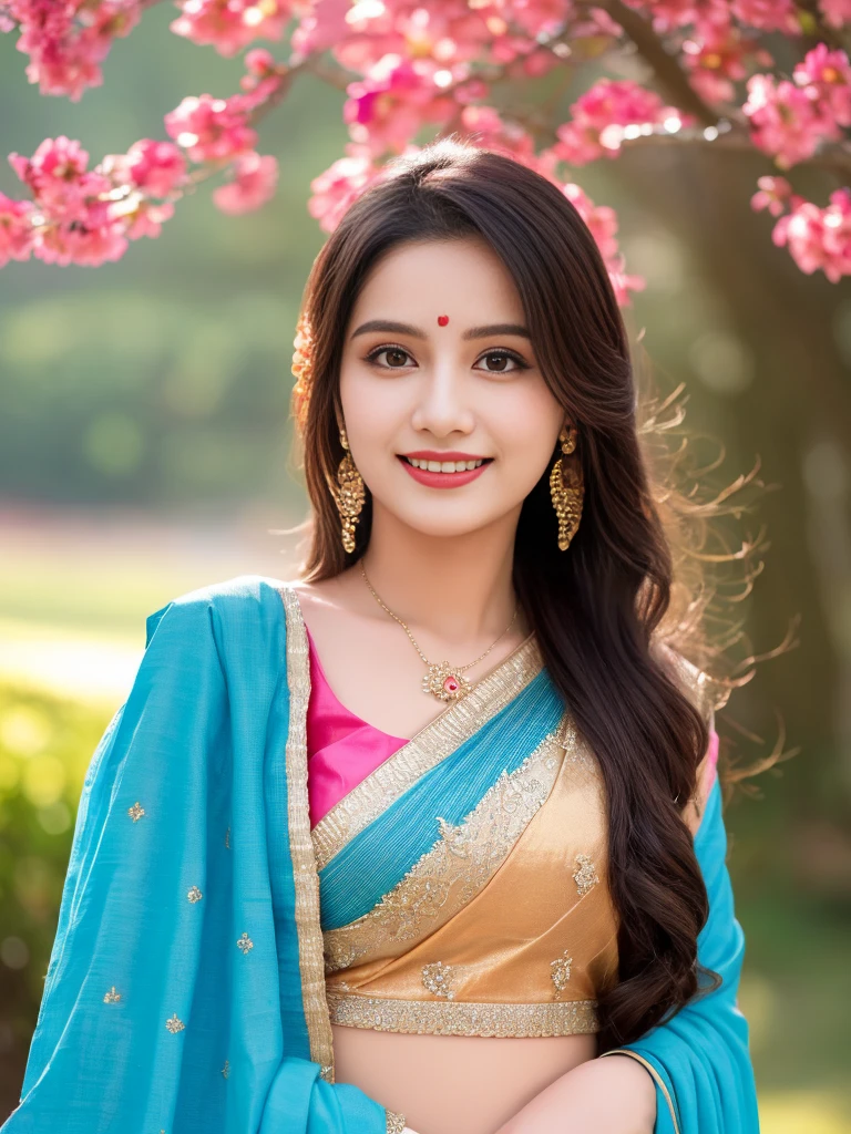 8K, ultra high detailed, an indian girl, cute smile realistic face, happy, long hair, impressive hairstyle, detailed eyes, detailed lips, indian clothes, saree, pink saree, lace, wearing jewellery, nature background, flowers, afternoon, shadow, clear weather, whole body capture,noch slim image long