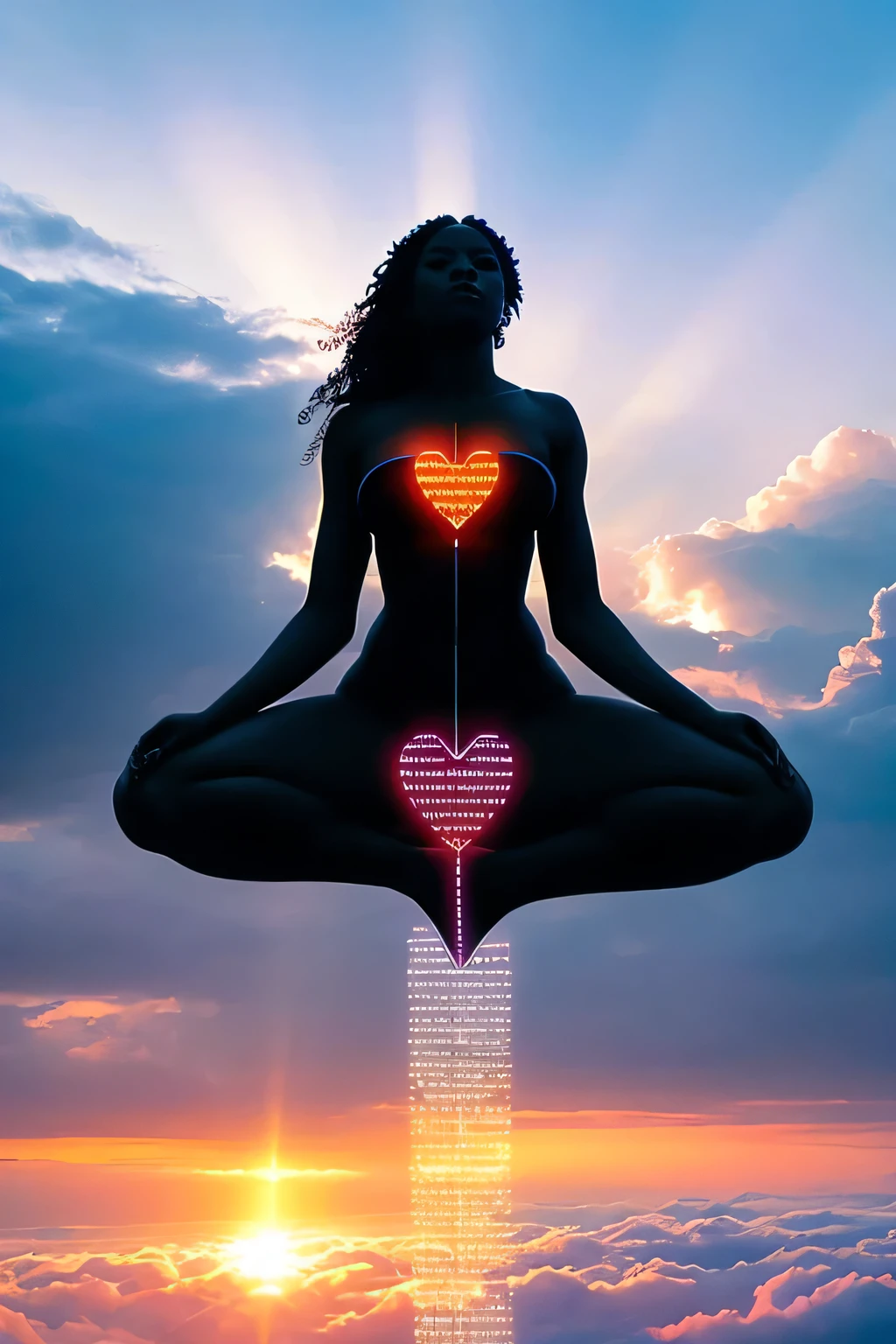 A radiant Libra scale floats among the clouds, with a captivating black woman in contemplative meditation seated upon the left scale, her juxtaposition balanced by a mechanical heart delicately positioned on the right. The weights appear uneven, symbolizing a struggle between human emotion and mechanical existence. The scene exudes a cinematic essence, bathed in a 32k ultra HD sunlight that cascades from behind, illuminating the entire ethereal spectacle with a mesmerizing glow.