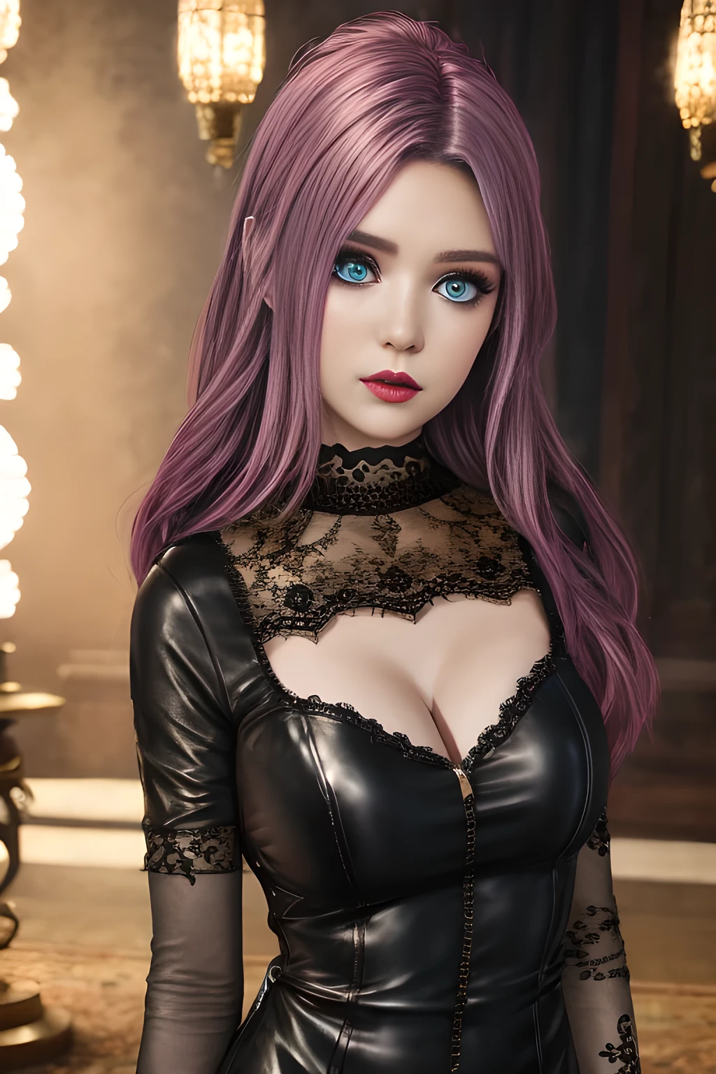 1girl,contrast lace PU leather bodycon dress, ,beautiful detailed eyes, beautiful detailed lips, extremely detailed eyes and face, long eyelashes, best quality, 4k, 8k, highres, masterpiece, ultra-detailed, realistic, photorealistic, photo-realistic, ethereal glow, regal elegance, intricate details, luxurious, otherworldly beauty, dark atmospheric background, supernatural aura,  elise,