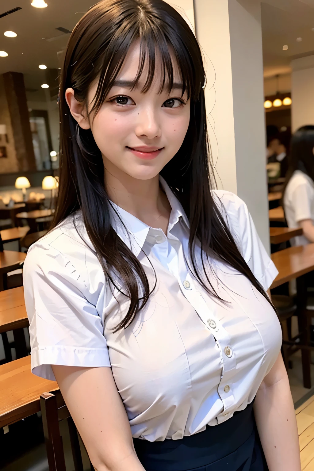 Highest quality、 Very detailedな、High resolution、8k wallpaper、Perfect dynamic composition,、Beautiful Eyes、Natural color lip、((sexy shot looking at camera))、(Highest quality: 1.3), (masterpiece: 1.3), (Very detailed: 1.3)、((Japanese Idols))、very cute、bangs、Long Hair、、((Huge breasts:1.2))、Squint your eyes and laugh、
((Waitress uniform))、White buttoned shirt、restaurant、