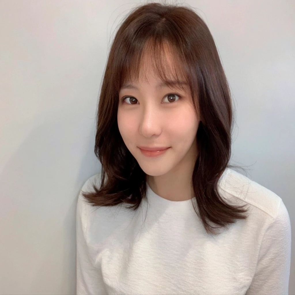 Best Quality, 8k, Masterpiece, (Portrait: 1.3), (photo realistic:1.4), (hyper realistic:1.4), Sharp Focus, looking at viewer, (smoother lighting:1.1), (increase cinematic lighting quality:0.9), realistic lighting, backlighting, light on face, ray trace, (brightening light:1.2), (Increase quality:1.4), sharp detail, (best quality real texture skin:1.4), finely detailed eyes, black_eyes, finely detailed face, 25 year old Korean woman smiling_face