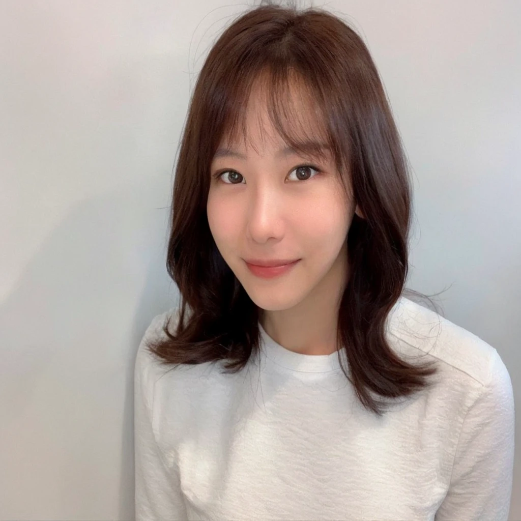 Best Quality, 8k, Masterpiece, (Portrait: 1.3), (photo realistic:1.4), (hyper realistic:1.4), Sharp Focus, looking at viewer, (smoother lighting:1.1), (increase cinematic lighting quality:0.9), realistic lighting, backlighting, light on face, ray trace, (brightening light:1.2), (Increase quality:1.4), sharp detail, (best quality real texture skin:1.4), finely detailed eyes, black_eyes, finely detailed face, 25 year old Korean woman smiling_face