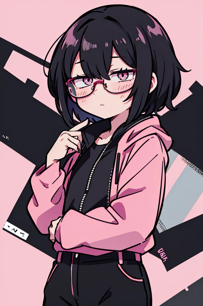 black pants, Sharp image, man, Black hair with pink ends, wearing a pink jacket. , has a dull, bored face, wears round glasses, has short, neat hair,