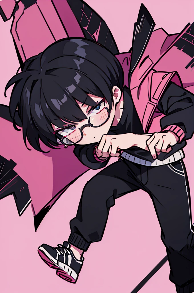 black pants, Sharp image, man, Black hair with pink ends, wearing a pink jacket. , has a dull, bored face, wears round glasses, has short, neat hair,