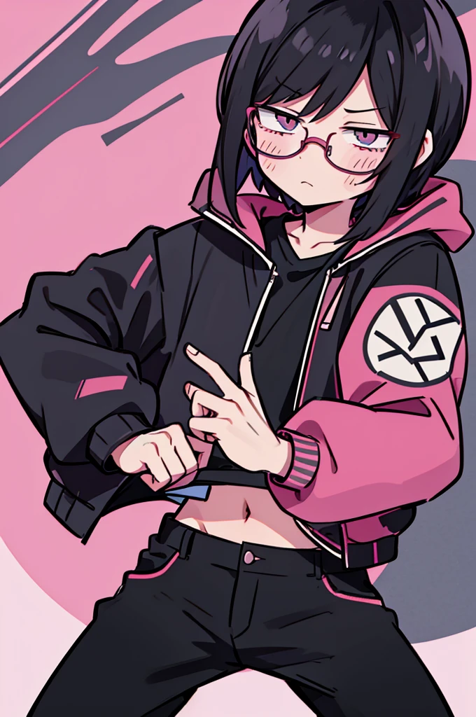 black pants, Sharp image, man, Black hair with pink ends, wearing a pink jacket. , has a dull, bored face, wears round glasses, has short, neat hair,