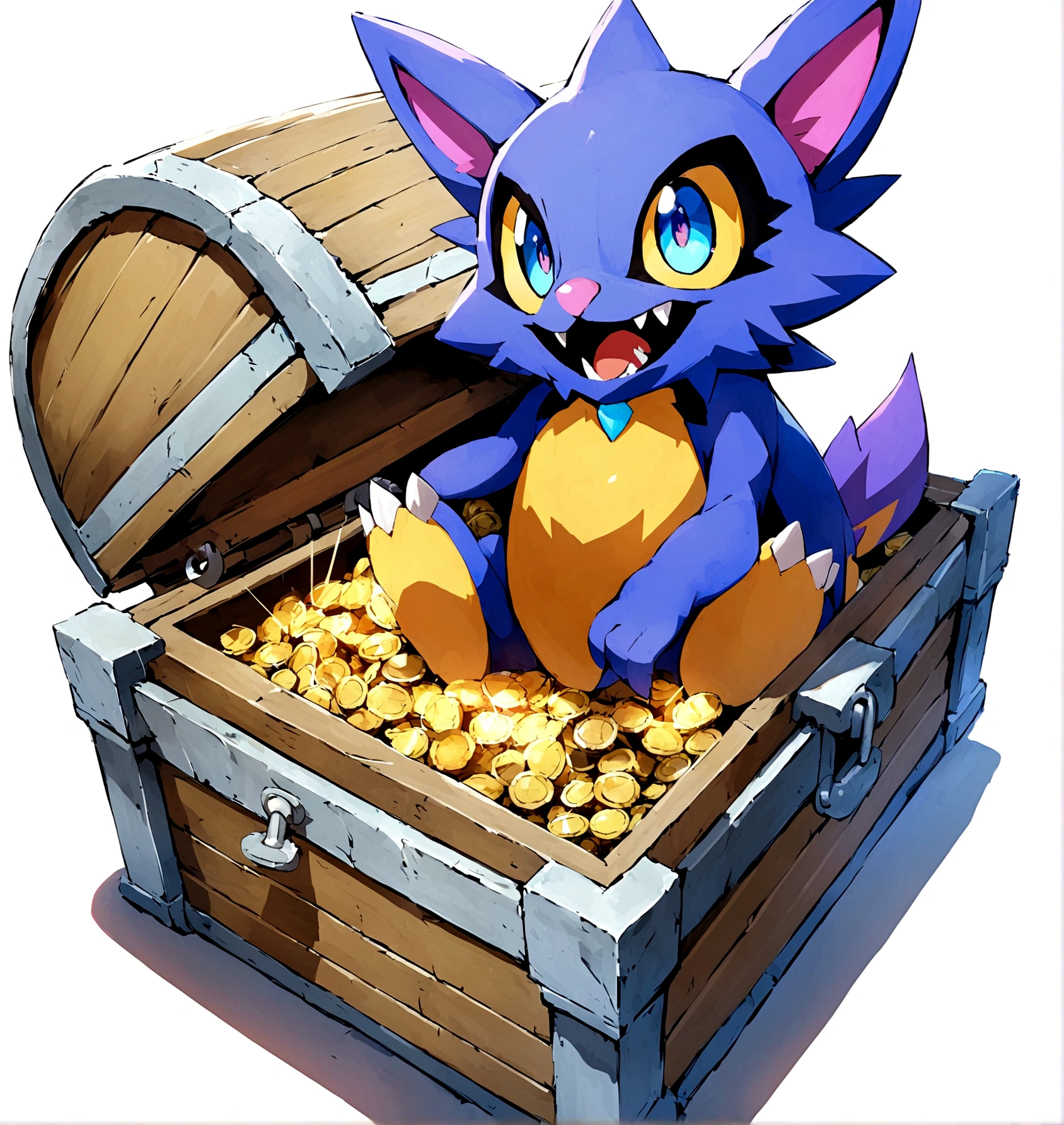 solo, open mouth, blue eyes, simple background, white background, pokemon \(creature\), treasure chest