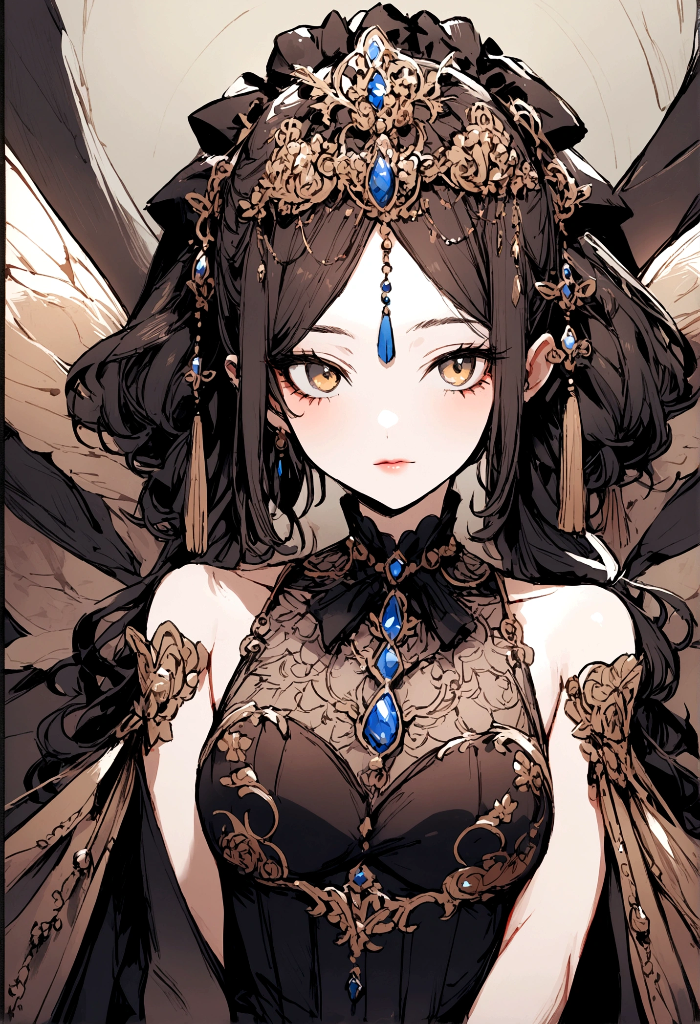 A girl with dark brown hair down to her hips, her eyes are grayish green and her skin is pale except for her cheeks, which are light pink, and her lips, which are reddish., She is short and has an enviable figure., A very beautiful girl