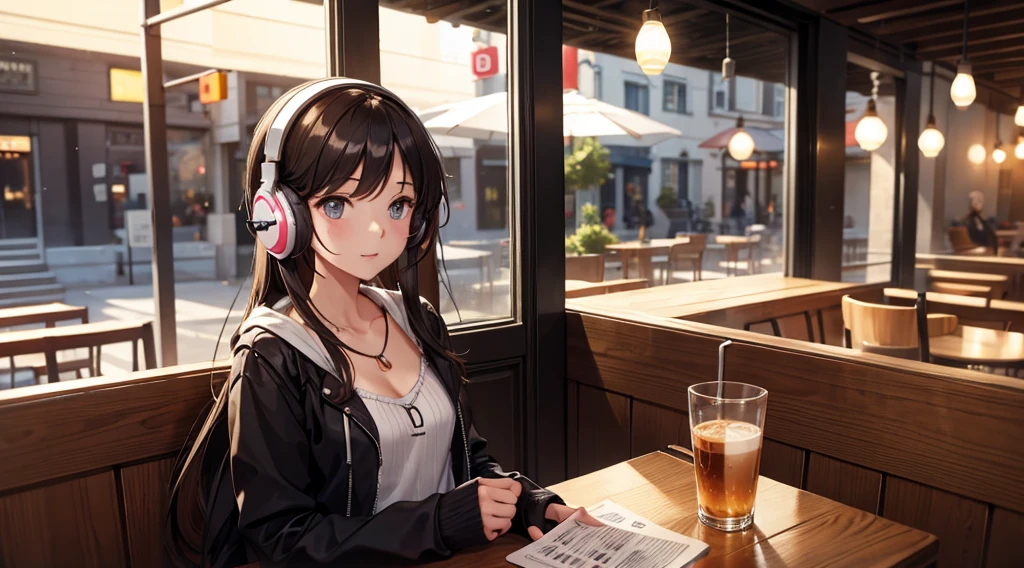 Girl with headphones enjoying music in a cafe I am studying Emphasize a little bit of the chest
