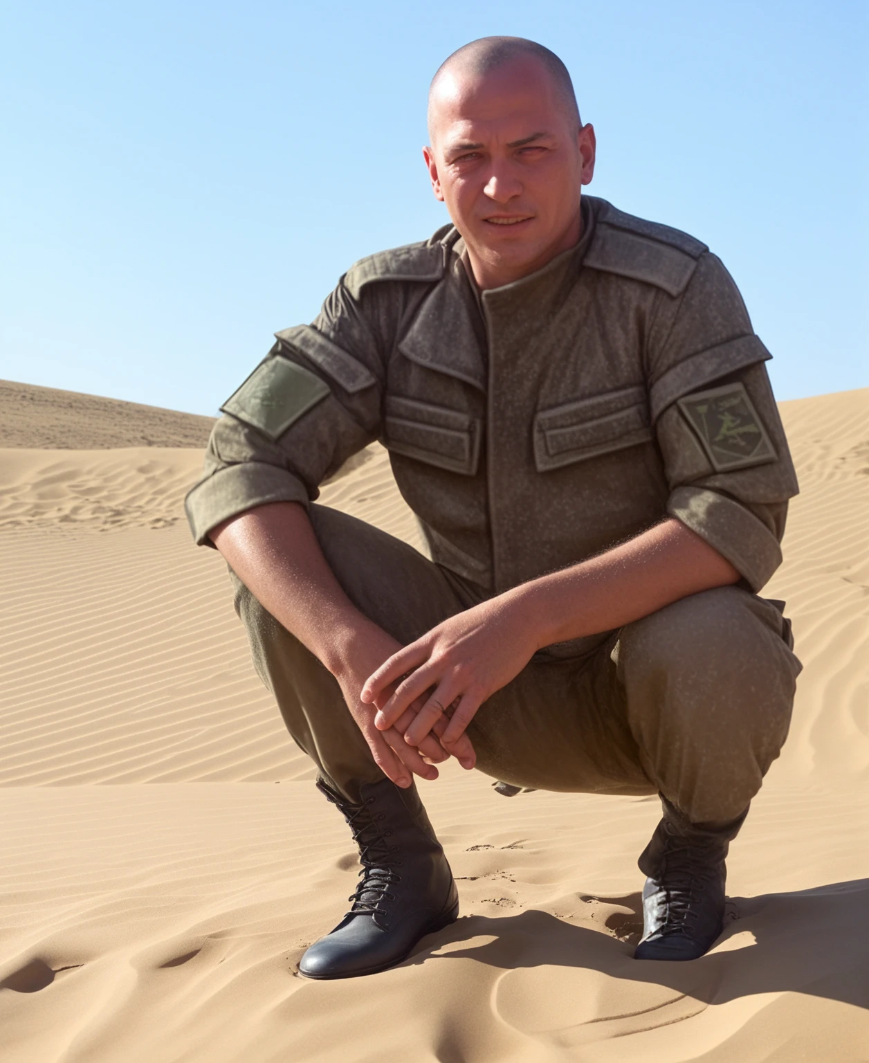 российский солдат, мужчина в военной форме, армейские сапоги, нашивки, карманы, specular lighting, dslr, ultra quality. sharp focus, tack sharp, dof, film grain, Fujifilm XT3, crystal clear,