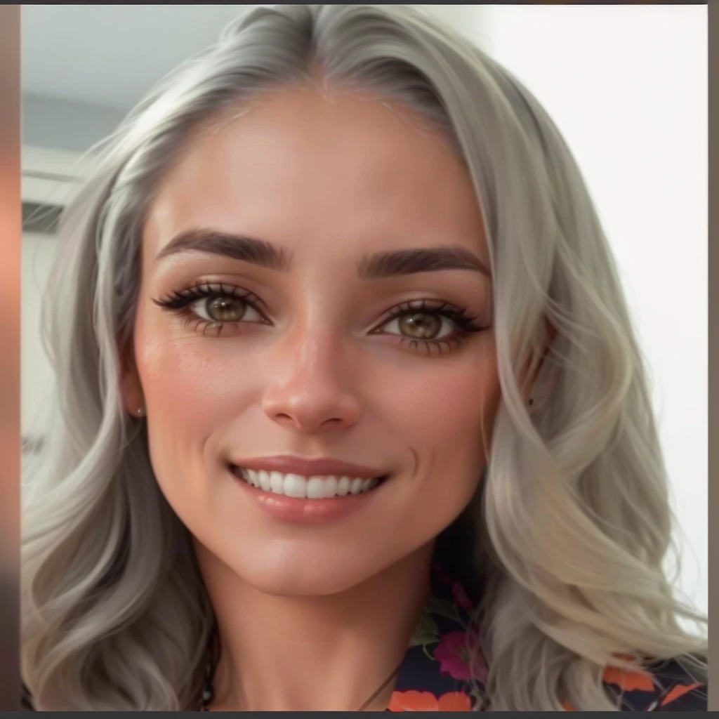 a close-up of a woman with gray hair smiling at the camera, fernanda suarez, profile image, 30 year old woman, 30 year old woman, powder Nándor Katona, Caroline Gariba, Marisha Becker, foto perfil, valentine shuffle, olivia de bernardinis, malika favre, 32 years old