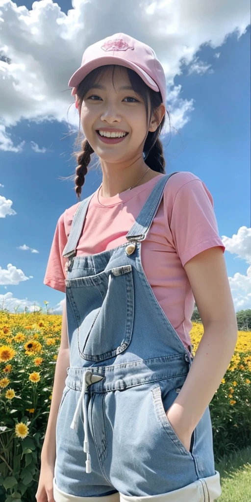 masterpiece,best quality, 1girl,solo,haru urara,overalls,overall shorts,flower-shaped pupils,,pink shirt,holding ice cream,(horse tail:0.6),smile,open mouth,cloudy, 