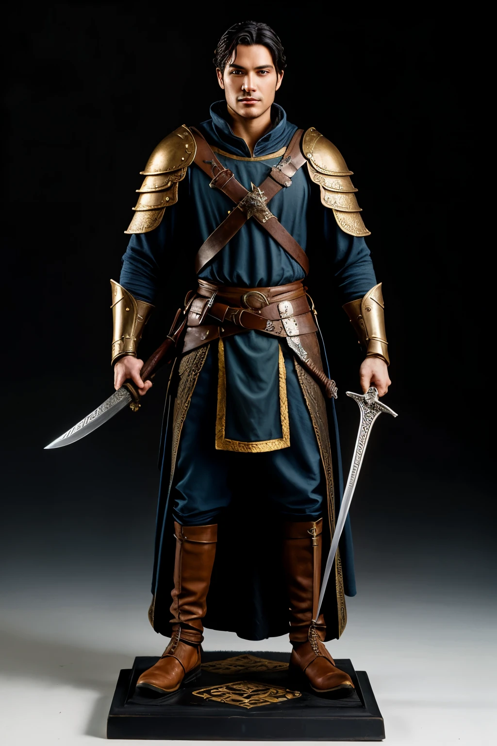 body of a man with a sword, very detailed character, high detail iconic character, fantasy assassin, male medieval assassin, holds a sword, full portrait of a murderer, resin statue, medieval fantasy game art