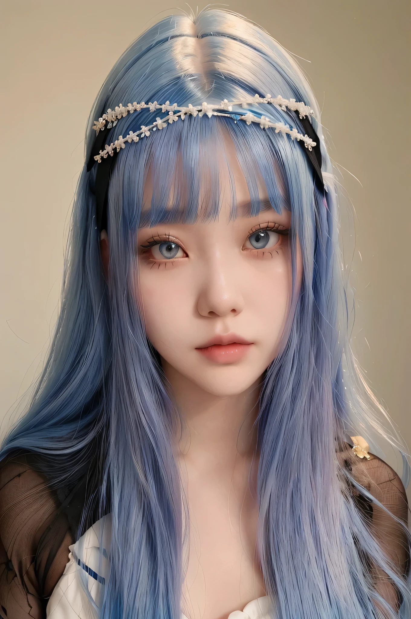 a close-up of a woman with long blue hair wearing a headband, ulzzang, cruel korean goth girl, white hime cut hairstyle, blue hairstyle, with blue hair, with long hair and piercing eyes, the hime cut, with white long hair, sky blue straight hair, kawaii hairstyle, with full bangs, long hair with full bangs, pretty girl with blue hair