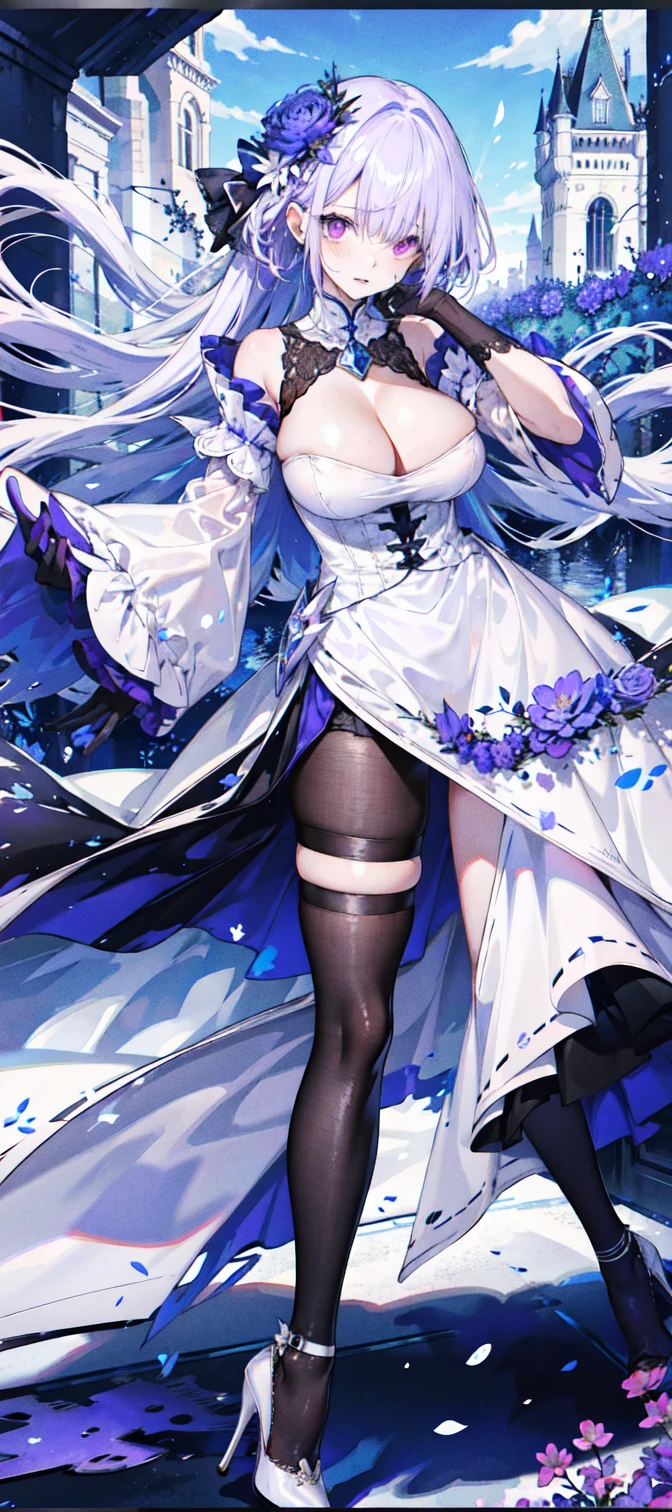 ((masterpiece:1.4,best quality)),(Super detailed),(Extremely detailed eyes),(Shiny socks:1.5),Hello Darkness
(Cute girls),,(Blood-red pupils,Diamond-shaped pupil:1.15),Purple Eyeshadow,(elongated hair,Thick hair,Single ponytail,shiny hair:1.5)(Changes through:1.2),despair,sad,Empty eyes,tears streaming down my face,tilting its head to the side,
(She wore a blue dress,:1.5),(Black gloves:1.4)Very long plush sleeves,White,White Cloud,Dream bubbles ,Ice and glitter effects
(Black long skirt:1.1),
((Starry Sky:1.2)),
(Intense black and white:1.16),(Depth of Field:1.4),,Intricate details,(((Detailed background,Castle in the Sky,Purple flowers by the lake))),(((Huge breasts,Bare breasts,Deep cleavage,White stiletto high heels,Transparent clothes)))