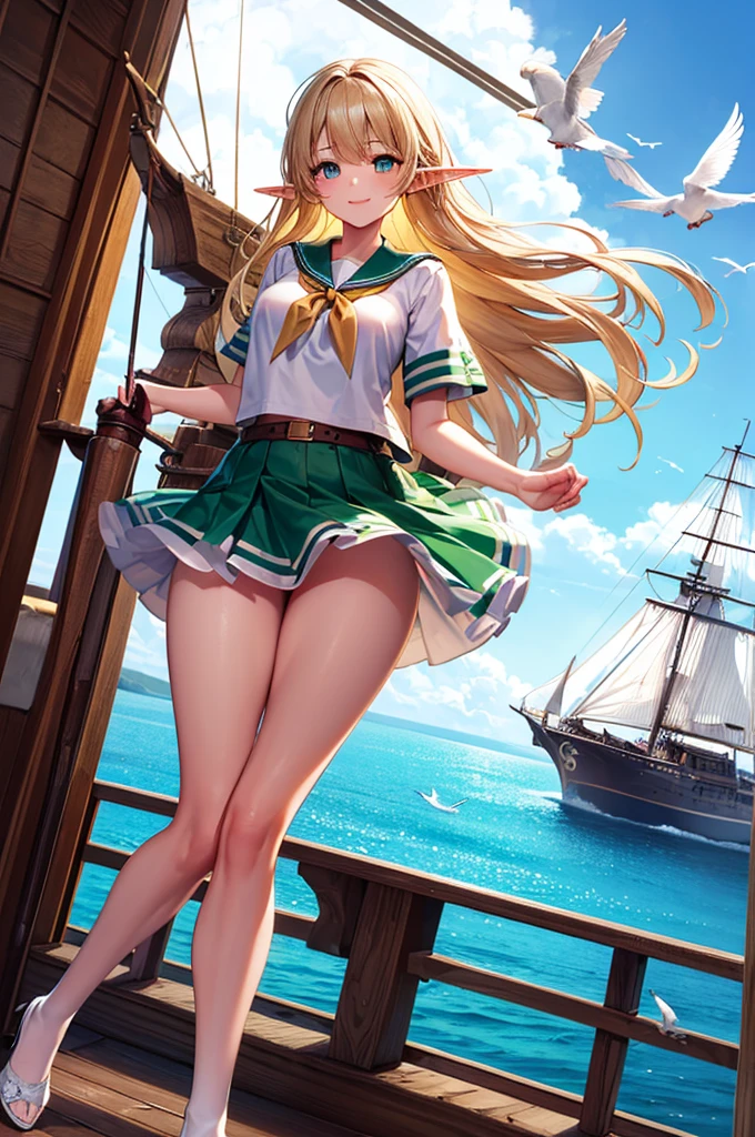 (((masterpiece, Highest quality, High resolution, High detail)))), ((((Fantasy))), One, (Elf Woman)))), (White short skirt with gold embroidery), (Long straight blonde hair), (Shiny dark green eyes), (White frilly blouse with gold embroidery), big, (((On the deck of a sailing ship at sea)), (Vast ocean))), (The sky with clouds)), (( Seagulls flying in the sky)), smile, (Wind), Particles of light flying
