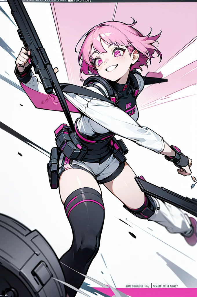 This -yeld enetic girl,The name is Peanut,Mature but smiling,Short hair with pink highlights,Pure black tight combat uniform,Born to die,Optimistic and cheerful