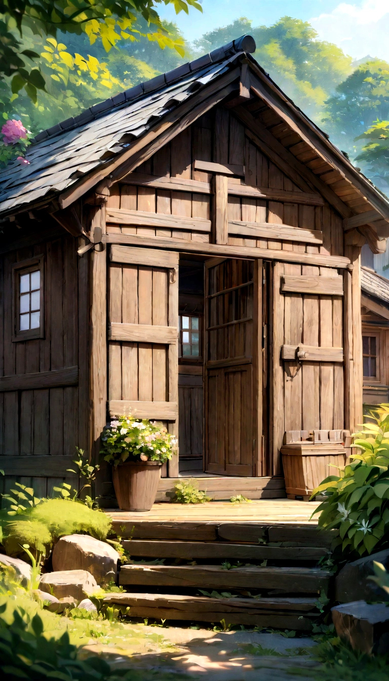 best quality、8K、Detailed facial depiction、masterpiece、best quality、clear image quality、Photo of an old wooden house and the surrounding nature