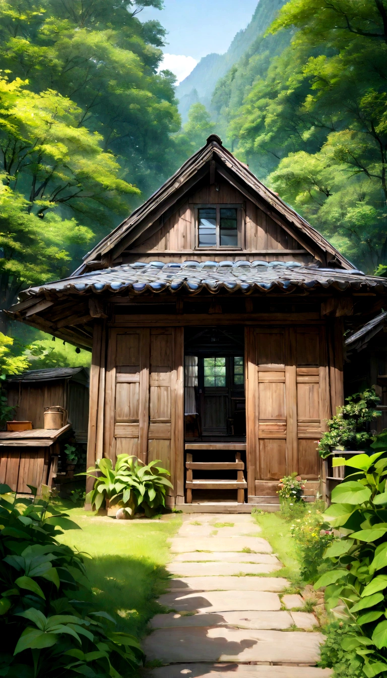 best quality、8K、Detailed facial depiction、masterpiece、best quality、clear image quality、Photo of an old wooden house and the surrounding nature