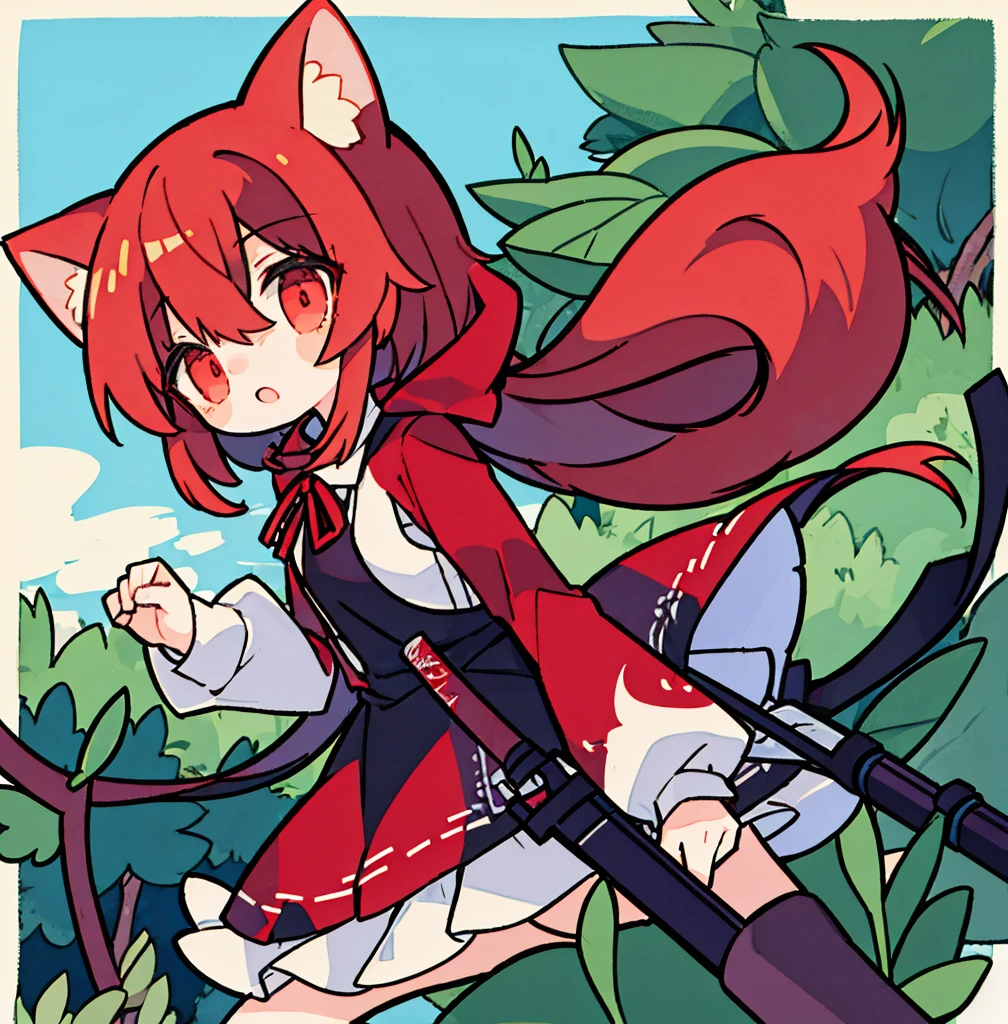 tegaki chibi girl Solo red hood girl wolf ears in the forest gothic ****ta from side holding rifle