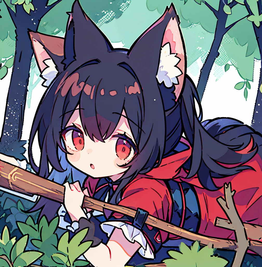 tegaki chibi girl Solo red hood girl wolf ears in the forest gothic lolita from side holding rifle