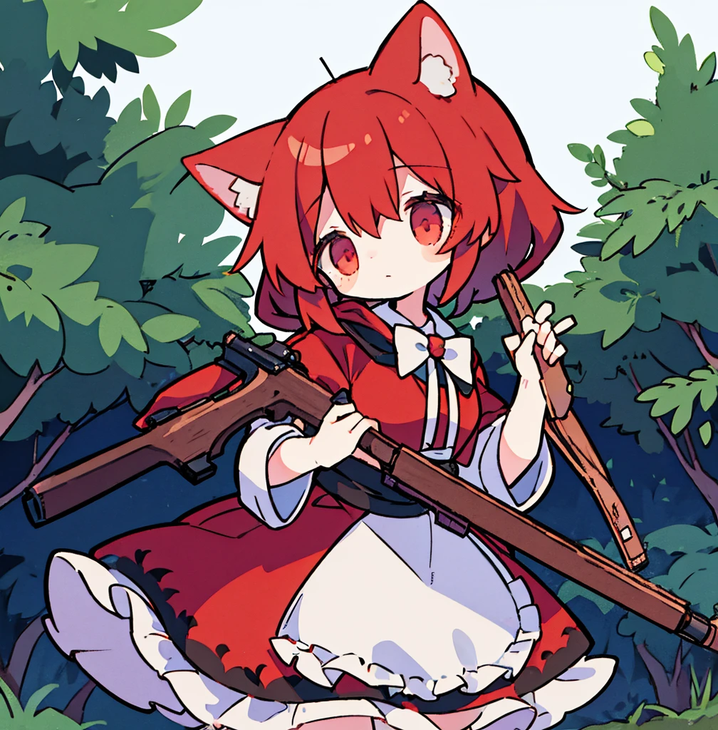 tegaki chibi girl Solo red hood girl wolf ears in the forest gothic lolita from side holding rifle