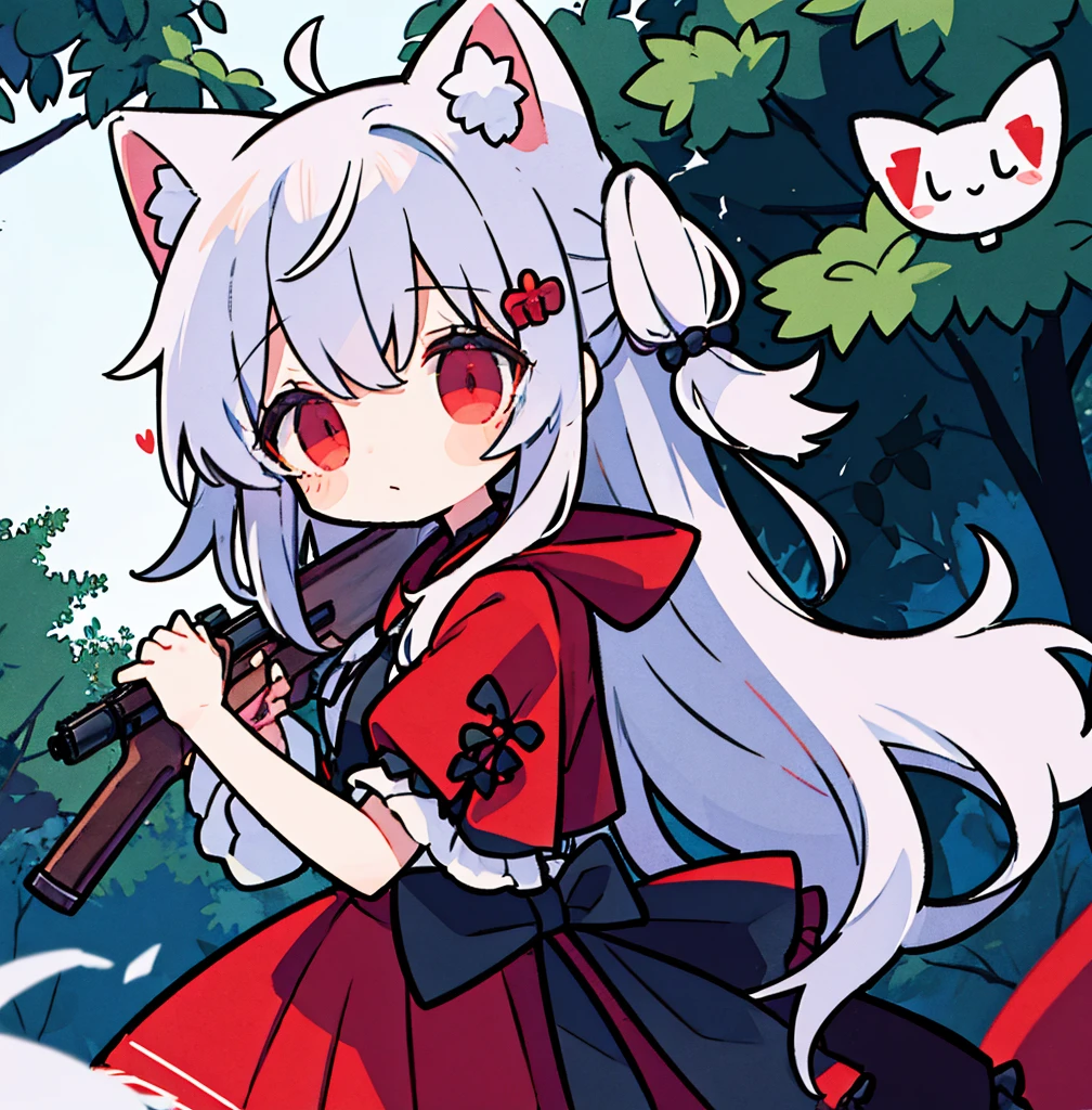 tegaki chibi girl Solo red hood girl wolf ears in the forest gothic ta from side holding rifle