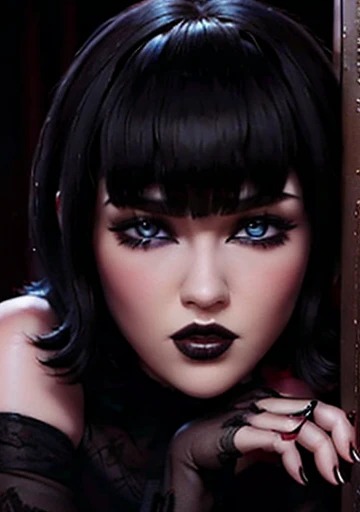hotel_transylvania, mavis , Blue eyes , beautiful face, pale, short black hair with bangs, most striking features, gothic makeup, large round and heavy breasts, red lipstick, looking at the viewer stunning bare shoulders