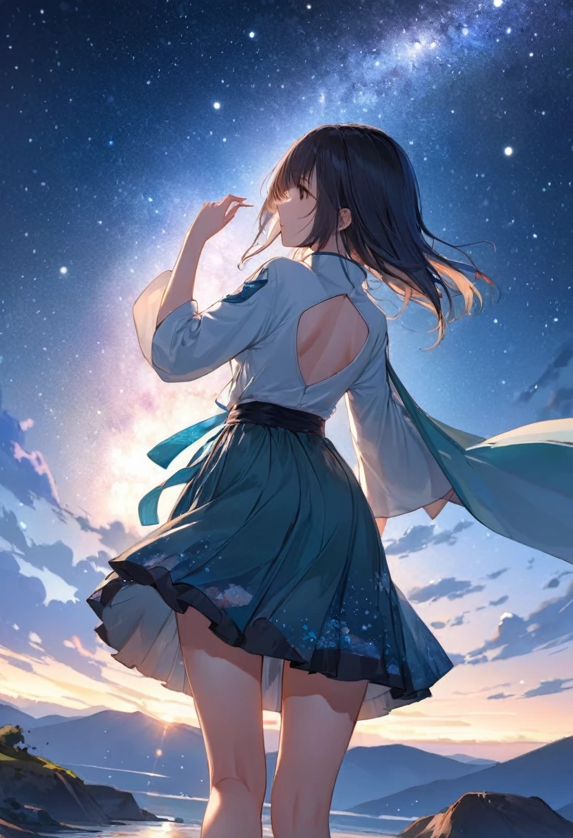 masterpiece, best quality, 1 Girl, Solitary, guizhong_Genshin Impact, default_skirt, From the back, Starry sky print, Sleeves that cover the wrists, barefoot 