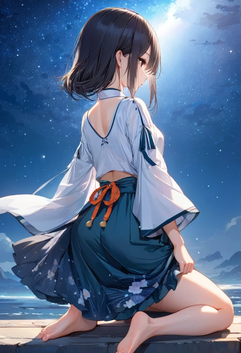 masterpiece, best quality, 1 Girl, Solitary, guizhong_Genshin Impact, default_skirt, From the back, Starry sky print, Sleeves that cover the wrists, barefoot 