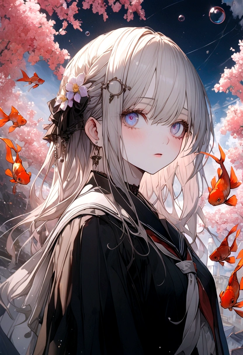 (woman\(student, 15 years old, ＪＫ, Short silver hair floating, Space-colored eyes, school black uniform, Pale skin, Tired face、lack of shine in the eyes\) Looking up at the sky), (Many goldfish are swimming in the air), Beautiful sky, Beautiful Clouds, Colorful summer flowers are blooming everywhere., (Transparent bubbles shine like prisms here and there in the sky), There is a noon moon and a noon star in the sky, (In the narrow alleys of a crowded downtown:0.3), break ,quality\(8K,非常に精細なCGユニットのwallpaper, masterpiece,High resolution,top-quality,top-quality real texture skin,Surreal,Increase the resolution,RAW Photos,最高quality,Very detailed,wallpaper,Cinema Lighting,Ray-tracing,Golden Ratio\),(Long Shot),Wide Shot,