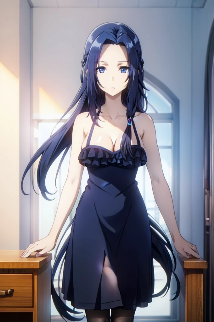 blue hair,,long hair,blue eyes,dark dress,in the office,
