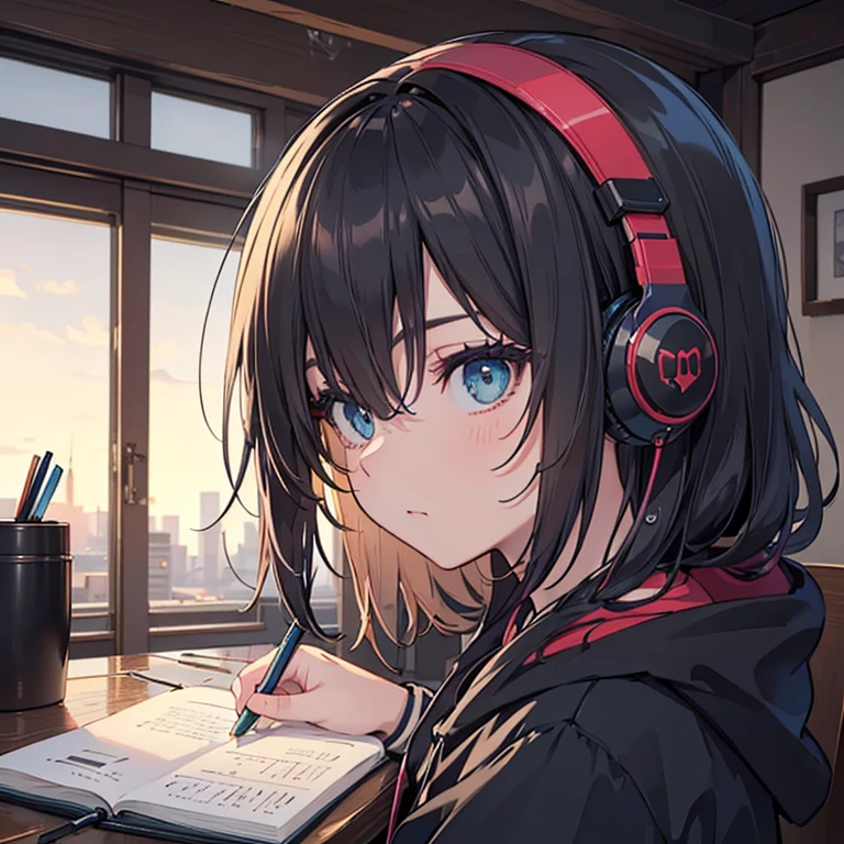 night、((机に向かってBarely)),(Headphones),((Barely)),(Serious profile),((Writing in a notebook)),indoor, Super detailed, (((Very detailed eyes and face))), profile, masterpiece, Highest quality, Realistic portraits, hoodie, Very detailed, Dynamic Angle, The most beautiful form of chaos, elegant, Asian Taste