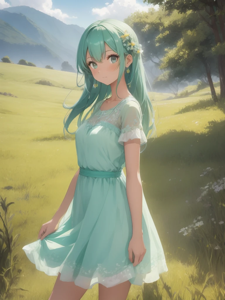 Absurd, High resolution, Very detailed, (Beautiful girl:1.3),She walks through the grasslands that stretch into the distance.Clear eyes gazing into the distance, soft cheeks and lips、Wear a liberating emerald dress．Barefoot and empty-handed, she just walks．Walking absentmindedly, blending into the grassland．Soon she will be a princess．The hem of her dress is long、From the perfect one piece々Blending into the grass of the prairie．
break、Pastel mint-colored grasslands continue、The wind sways the grass like ocean waves.．The pastel mint colors of the grassland are vibrant and soft.．Pastel Style, Soft Blending, Dreamy wash, Warm texture