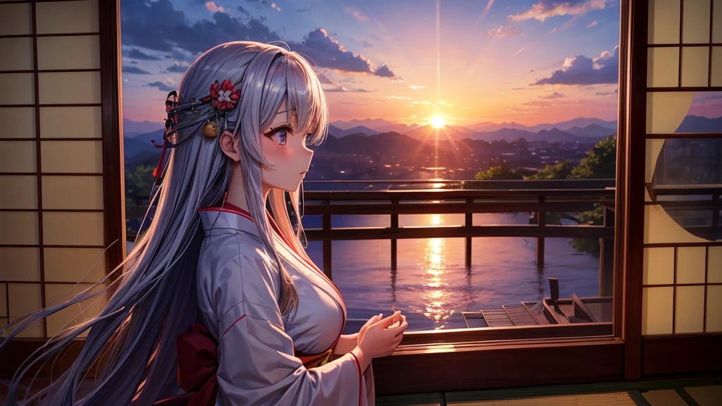 anime、Cinematic、A beautiful girl with long hair and large breasts is wearing a yukata.、Looking out the window at the sunset。Japan tatami room、Calm and peaceful atmosphere、Gazing into the distance、High quality images、Super detailed、I can see the scenery outside the window、High quality、erotic