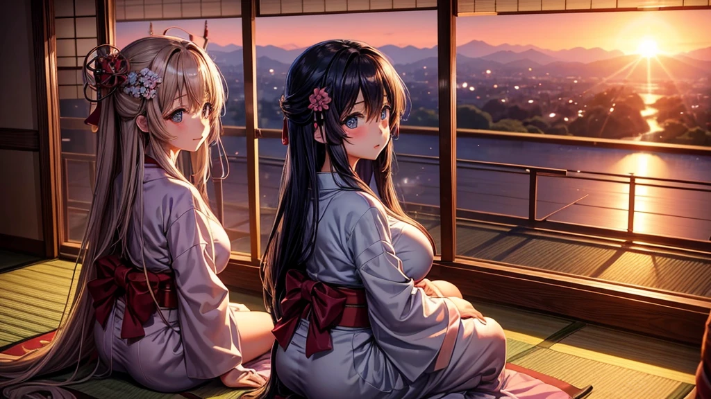 anime、Cinematic、A beautiful girl with long hair and large breasts is wearing a yukata、Looking out the window at the sunset。Japan tatami room、Sitting upright、Calm and peaceful atmosphere、Gazing into the distance、High quality images、Super detailed、I can see the scenery outside the window、High quality、Erotic、G-cup bust