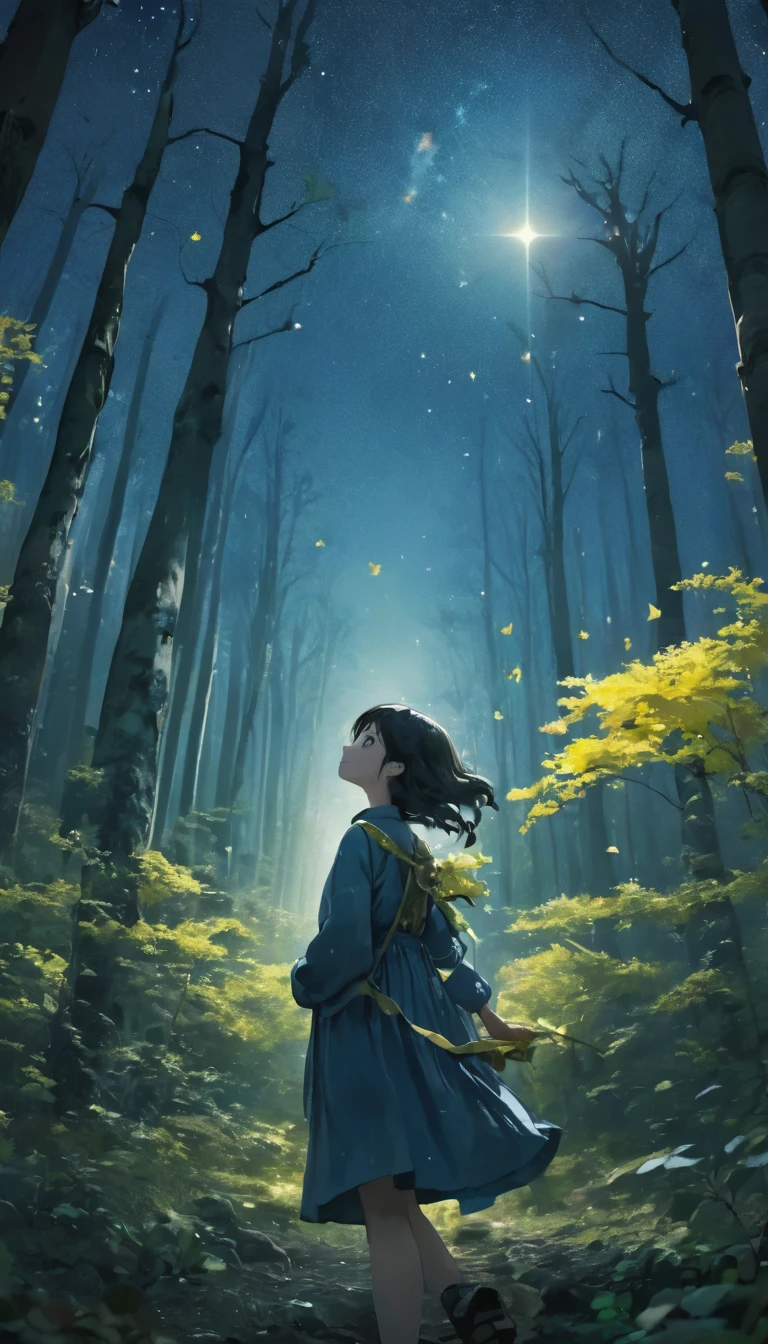 quality\(8K,非常に精細なCGユニットのwallpaper, masterpiece,High resolution,top-quality,top-quality real texture skin,Surreal,Increase the resolution,RAW Photos,最高quality,Very detailed,wallpaper\),BREAK、Circle image、Walking through the ginkgo forest、Long Shot、The subject is small、Beautiful dark forest、fade out to black、Gradation、BREAK、One Girl、Look Up、Highly detailed face、Detailed face、Side Shot、Beautiful profile、Looking up、Blue sky close to black、Stars and Clouds、A fresh angle、BREAK、Overall dark、Cinematic Lighting、Very elaborate lighting、