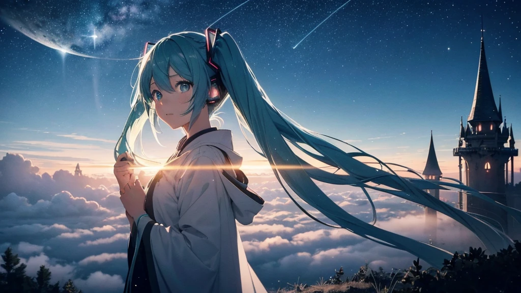 Set against the backdrop of an adventurous fantasy world、This is an image of Hatsune Miku.。She wears a mysterious cloak。The surroundings are shrouded in fog、In the distance you can see the silhouette of an ancient castle。The sky is a starry night、The moon casts a magical light over the forest.。
