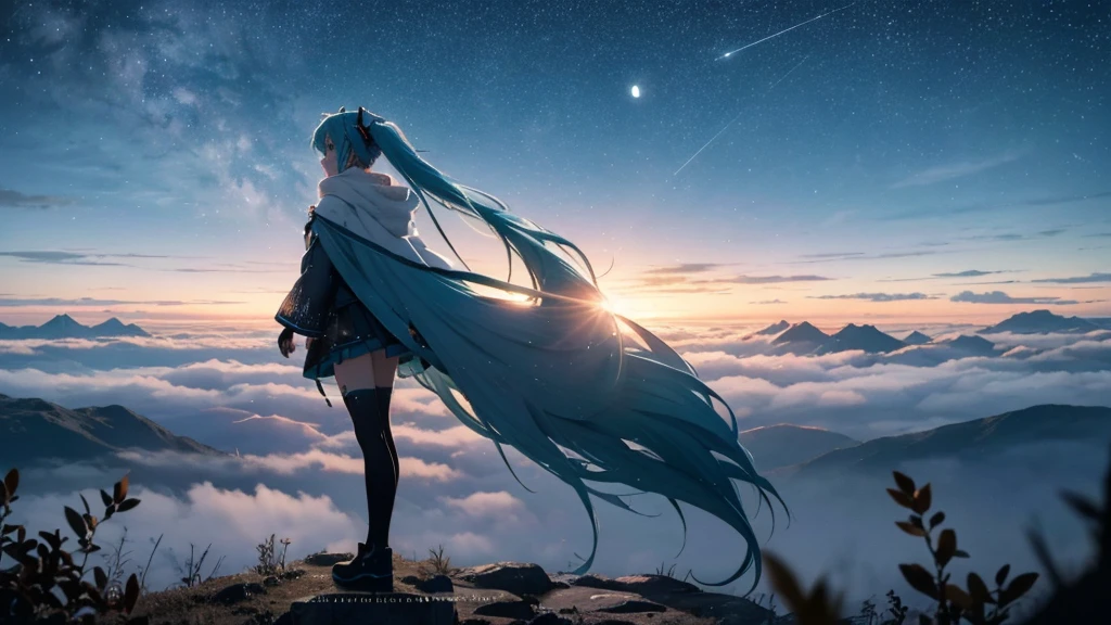 Set against the backdrop of an adventurous fantasy world、This is an image of Hatsune Miku.。She wears a mysterious cloak。The surroundings are shrouded in fog、In the distance you can see the silhouette of an ancient castle。The sky is a starry night、The moon casts a magical light over the forest.。