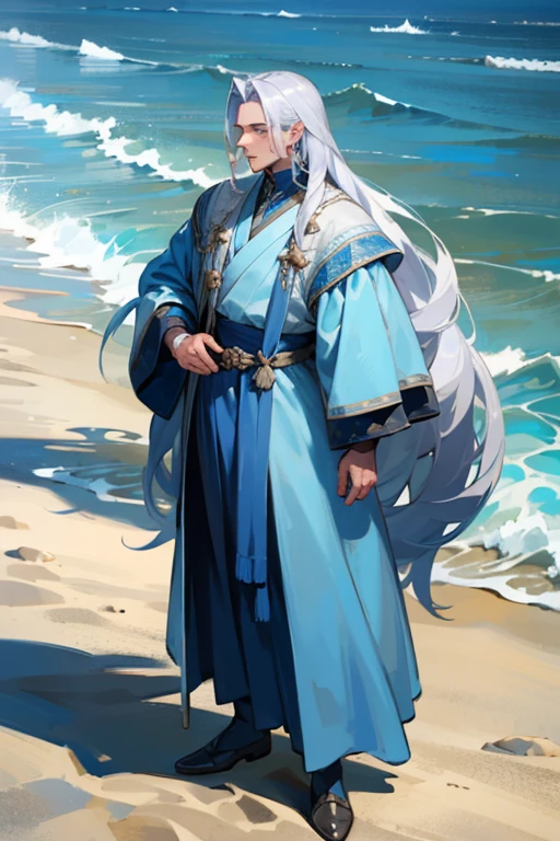 ((Highest quality)), ((masterpiece)), (detailed), Blue clothes，A man with long silvery hair，Young handsome man，White sand beach，National costume