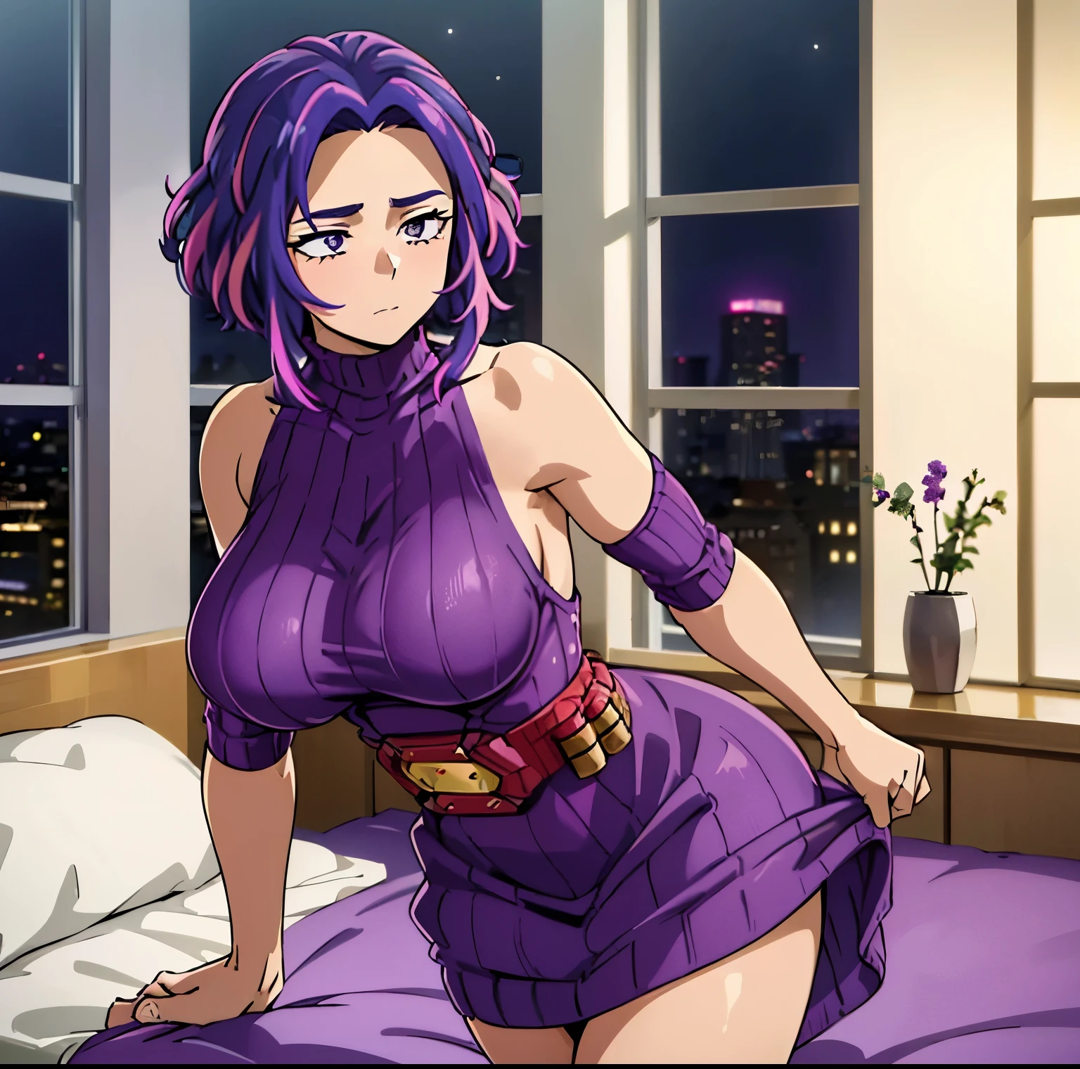 1 girl, alone, lady nagant, (masterpiece, best quality, ultra detailed, beautiful illustration), atmospheric perspective, depth of field, dynamic pose, curvy body, looking at viewer, (beautiful detailed eyes), detailed eyes, ( cowboy shot), sexy body, (interior, apartment, moon, metropolis, japan, night), 1 girl, neutral expression, mature woman, (huge breasts, medium waist, wide hips, medium thighs, round butt), Nagant, purple hair, purple eyes, multicolored hair, short hair, highlighted hair, pink hair, medium hair, two-color hair,((dark purple sweater dress:1.4)), ((ribbed sweater:1.3)),((bare back: 1.2)), sleeveless, bare legs, (hands on waist: 1.2)), slight blush, (standing_), thighs, bright pupils, white pupils, bangs, looking back, from behind, ((focus on the rear:1.4)),pov(from below),(inside a casino:1.5, leaning on a bed:1.5, apartment view:1.5, window:1.3,city lights:1.5), perfect hands , perfect anatomy,