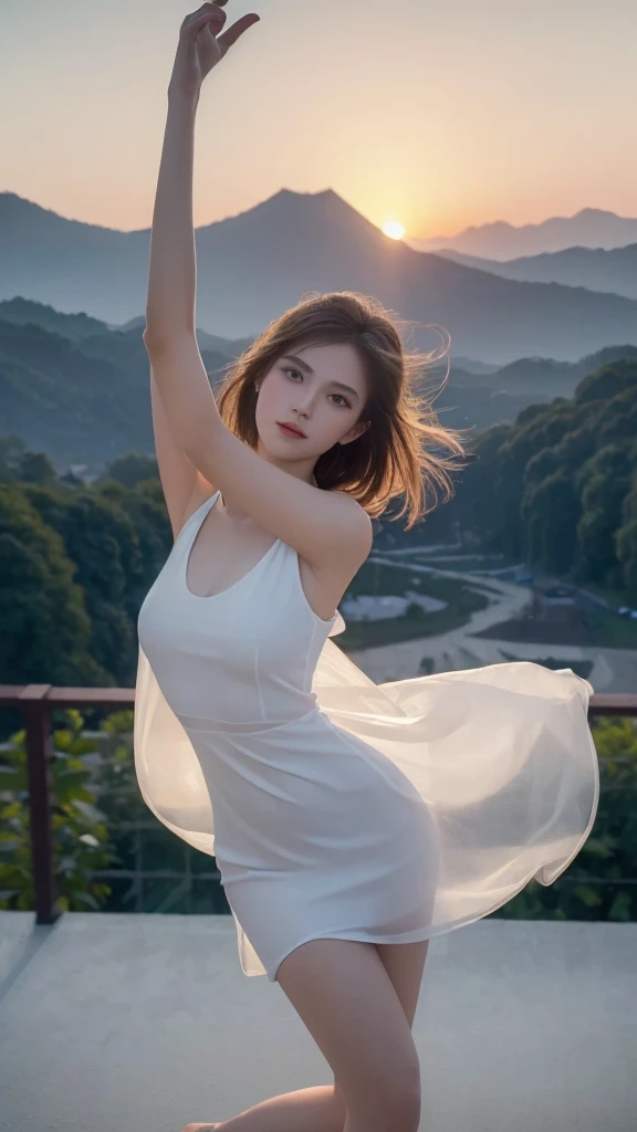 ((Best quality,High Detail,masterpiece:1.5)),1 Full body photo of a 20-year-old girl, White dress dress,(Backlight, see through silhouette:1.3), standing solo, Raise your arms, Stretching exercises, Dance poses,Delicate face, White-skinned female,summer mountains,Sunset,Hands reaching out of the picture