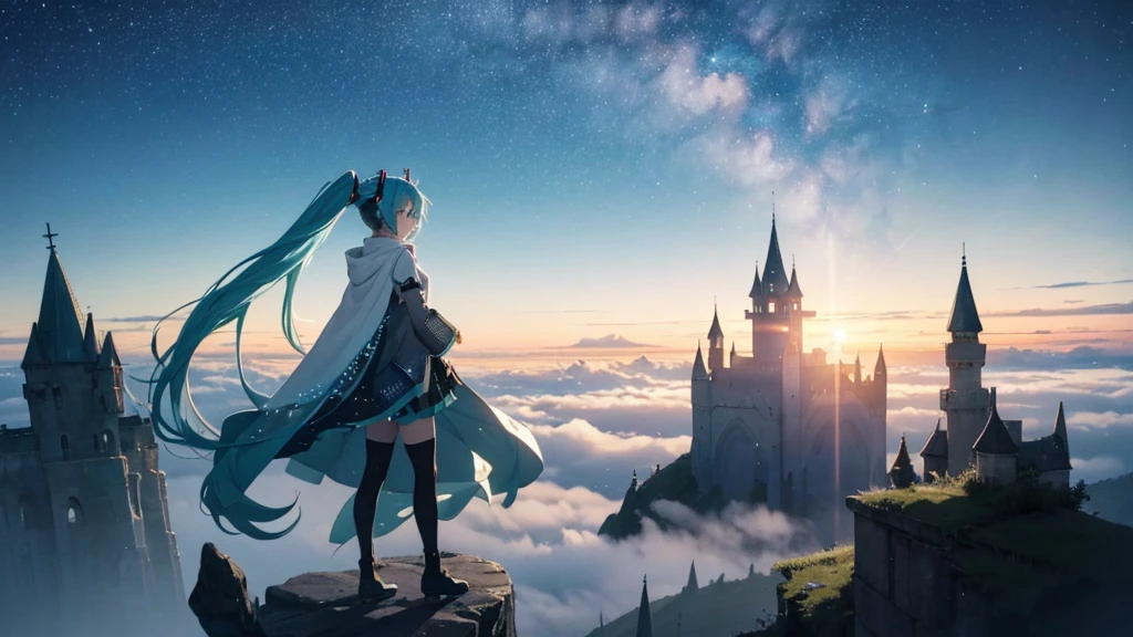 Set against the backdrop of an adventurous fantasy world、This is an image of Hatsune Miku.。She wears a mysterious cloak。The surroundings are shrouded in fog、In the distance you can see the silhouette of an ancient castle。The sky is a starry night、The moon casts a magical light over the forest.。