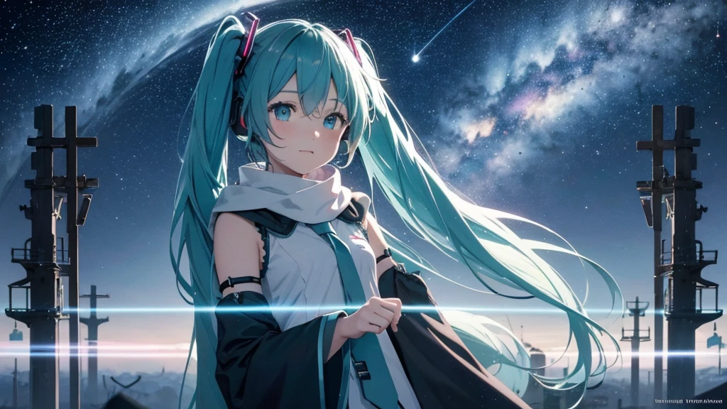 Set against the backdrop of an adventurous fantasy world、This is an image of Hatsune Miku.。She wears a mysterious cloak。The surroundings are shrouded in fog、In the distance you can see the silhouette of an ancient castle。The sky is a starry night、The moon casts a magical light over the forest.。